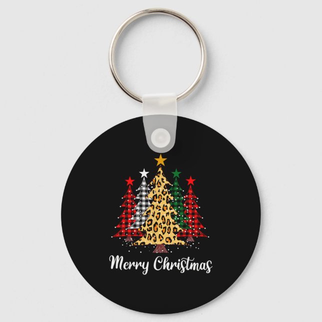 Merry Christmas Trees With Buffalo Plaid &amp; Leo Keychain (Front)