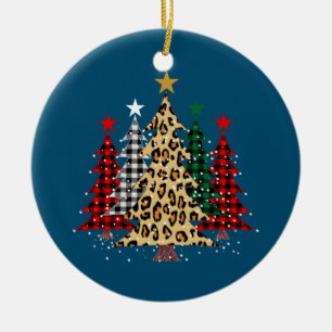 Merry Christmas Trees with Buffalo Plaid & Leopard Ceramic Ornament