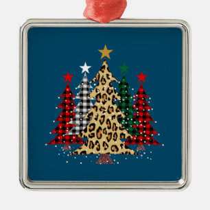 Merry Christmas Trees with Buffalo Plaid & Leopard Metal Ornament