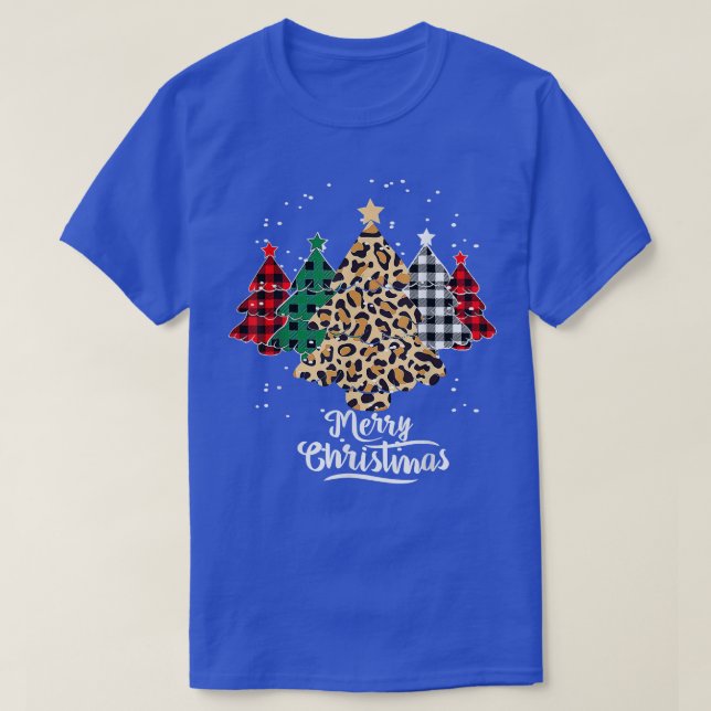 Merry Christmas Trees with Buffalo Plaid Leopard P T-Shirt (Design Front)