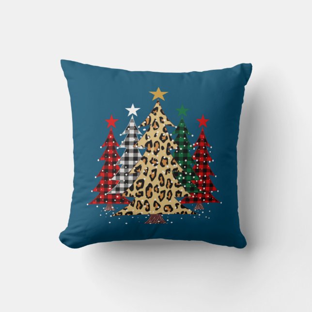 Merry Christmas Trees with Buffalo Plaid & Leopard Throw Pillow (Front)