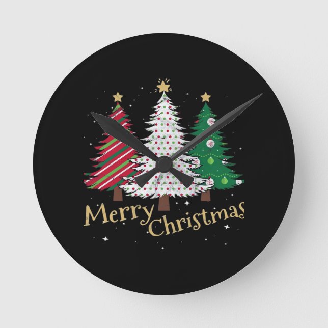 Merry Christmas Trees with Holiday Plaid Gift Fami Round Clock (Front)