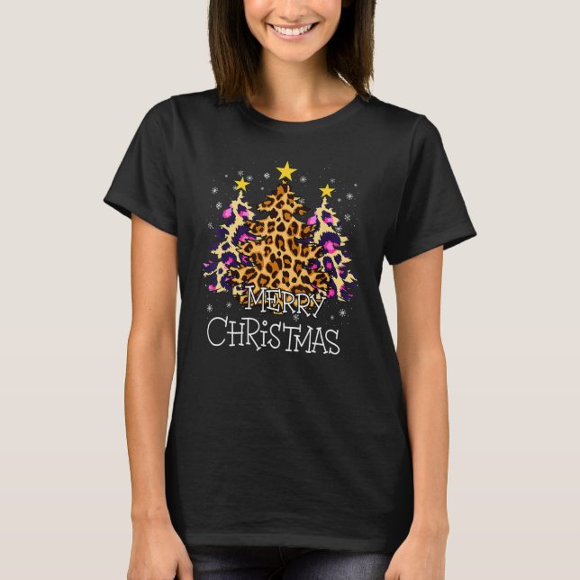 Merry Christmas Trees with Leopard Pink T-Shirt (Front)