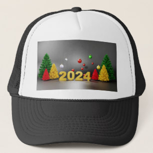 Merry Christmas Trees with Year 2024 Printed Image Trucker Hat