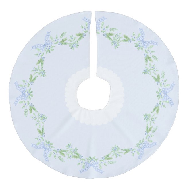 Merry Christmas Trellis and Swag with Blue Bow Faux Linen Tree Skirt (Front)