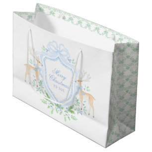 Merry Christmas Trellis and Swag with Blue Bow Large Gift Bag