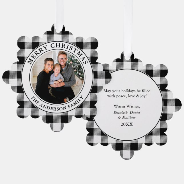 Merry Christmas Trendy Black and White Plaid Ornament Card (Front/Back)