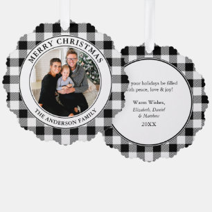 Merry Christmas Trendy Black White Plaid Ornament Card
