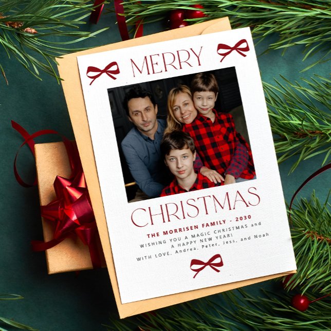 Merry Christmas trendy red bow family photo Holiday Card (Creator Uploaded)