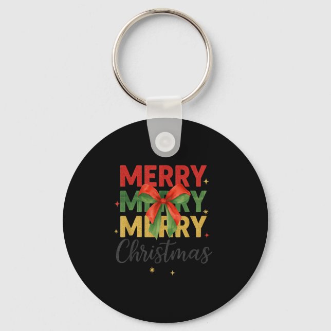 Merry Christmas Triple Merry Bow Tygraphy Red Gree Keychain (Front)