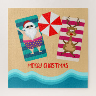 Merry Christmas Tropical Beach Santa Reindeer Jigsaw Puzzle