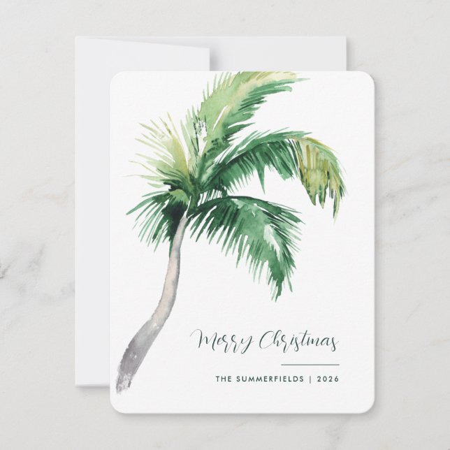 Merry Christmas Tropical Palm Tree Script Holiday Card (Front)