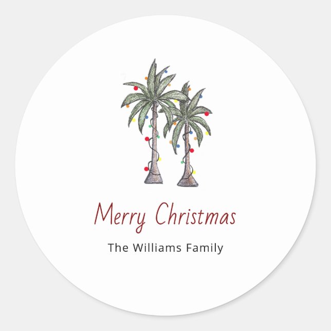 Merry Christmas Tropical Palm Trees Beach  Classic Round Sticker (Front)