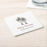 Merry Christmas Tropical Palm Trees Beach  Square Paper Coaster<br><div class="desc">Merry Christmas beach holiday paper coaster,  with a botanical palm trees and string lights illustration. With customizable typography lettering,  you add your own information. A tropical addition to your holiday home and entertaining.</div>