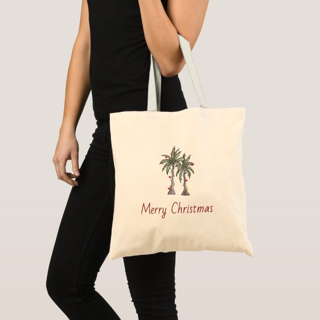 Merry Christmas Tropical Palm Trees Holiday  Tote Bag (Front (Product))