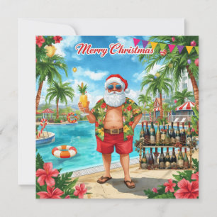 Merry Christmas Tropical Santa Summer Pool Party Holiday Card