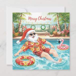 Merry Christmas Tropical Santa Summer Pool Party Holiday Card