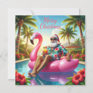 Merry Christmas Tropical Santa Summer Pool Party Holiday Card
