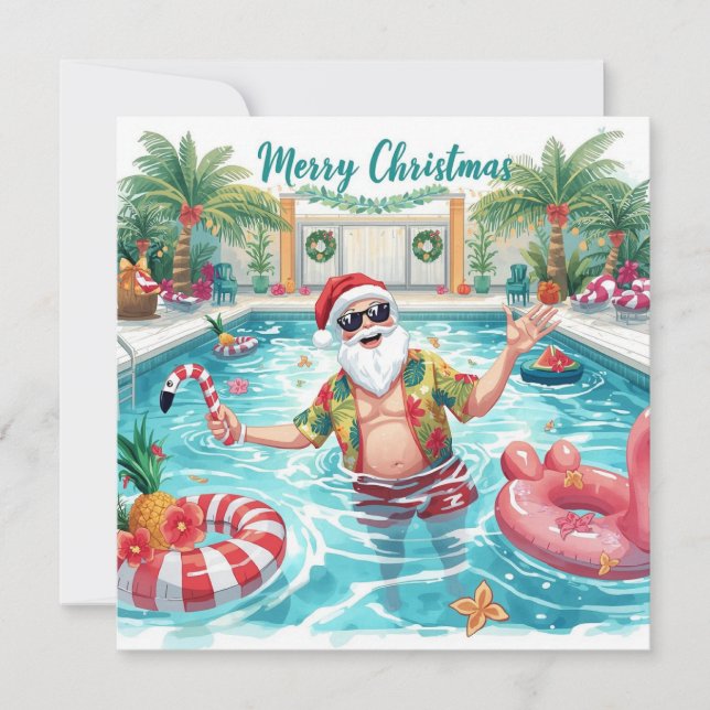 Merry Christmas Tropical Santa Summer Pool Party Holiday Card (Front)