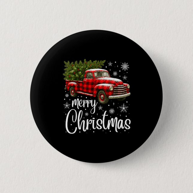 Merry Christmas Truck Buffalo Plaid Xmas Tree Men  2 Inch Round Button (Front)
