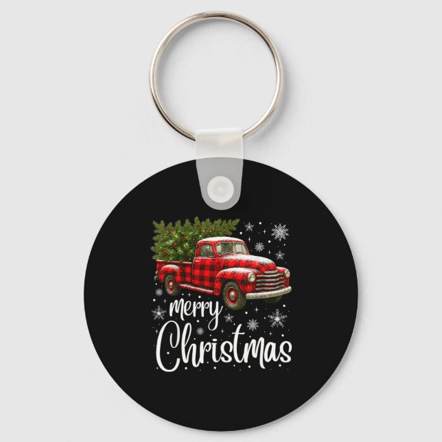 Merry Christmas Truck Buffalo Plaid Xmas Tree Men  Keychain (Front)