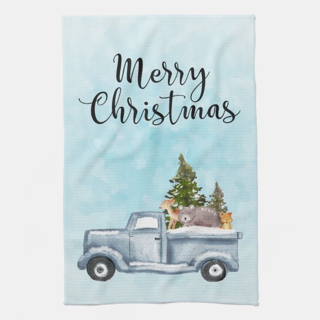 Merry  Christmas Truck Carrying Trees & Animals Kitchen Towel (Vertical)