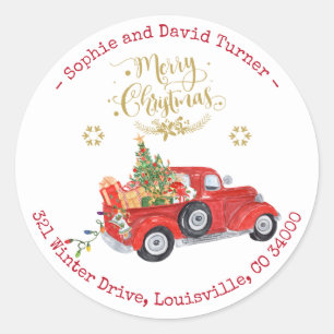 Merry Christmas Truck Circular Return Address Classic Round Sticker