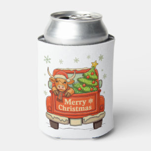 Merry Christmas Truck Highland Cow Tree Cozy Xmas Can Cooler