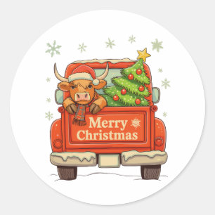 Merry Christmas Truck Highland Cow Tree Cozy Xmas Classic Round Sticker
