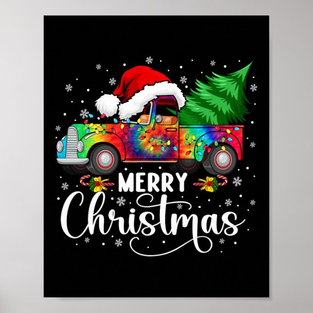 Merry Christmas Truck Tree Santa Hat Lights Matchi Poster (Front)