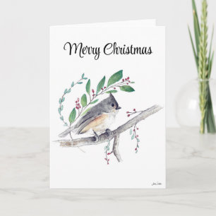 Merry Christmas Tufted Titmouse Bird Holiday Card