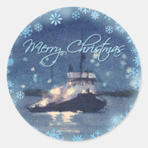 MERRY CHRISTMAS TUG BOAT by SHARON SHARPE Classic Round Sticker
