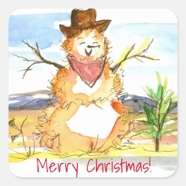 Merry Christmas Tumbleweed Snowman Square Sticker (Front)