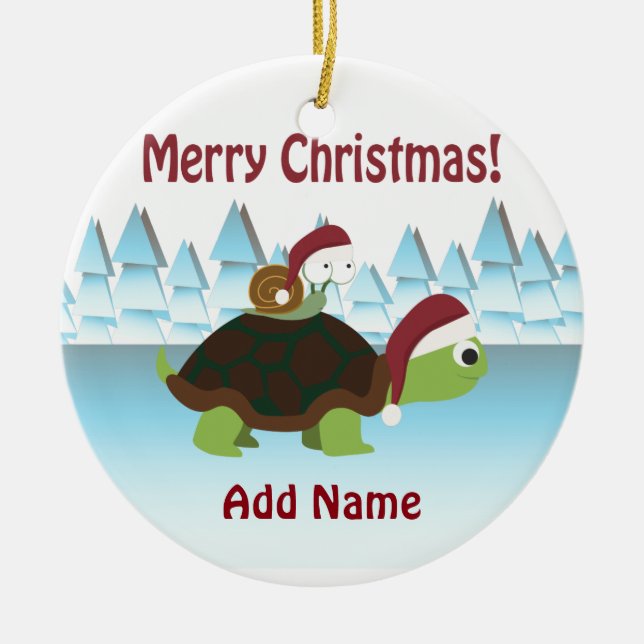 Merry Christmas! Turtle and Snail Ceramic Ornament (Front)