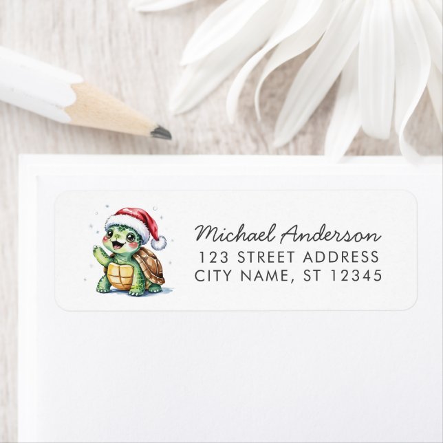 Merry Christmas Turtle in Santa Hat Return Address (Insitu)