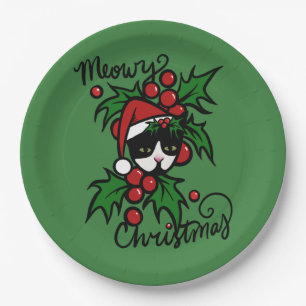 Merry Christmas Tuxedo Cat Paper Plate