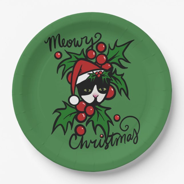 Merry Christmas Tuxedo Cat Paper Plate (Front)