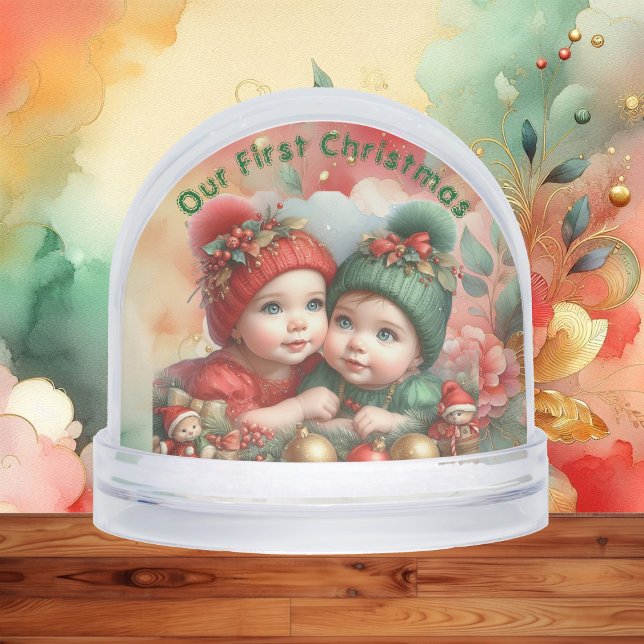 Merry Christmas Two Babies Family Photo Red Green  (Merry Christmas Two Babies Family Photo Red Green Snow Globes)