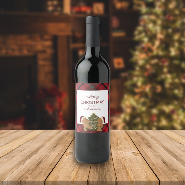 Merry Christmas Two Bears Tree Decorating Wine Label (Creator Uploaded)