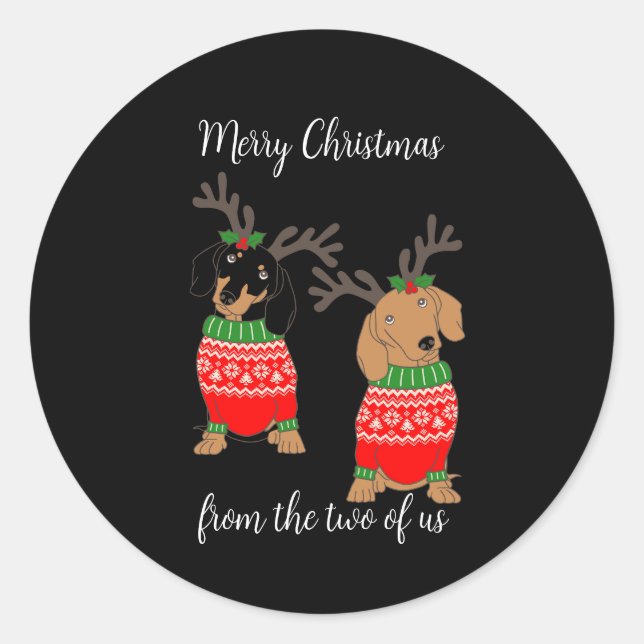 Merry Christmas Two Decked Out Dachshunds Classic Round Sticker (Front)