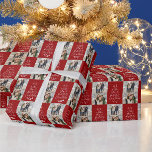 Merry Christmas two photo personalized dark red Wrapping Paper