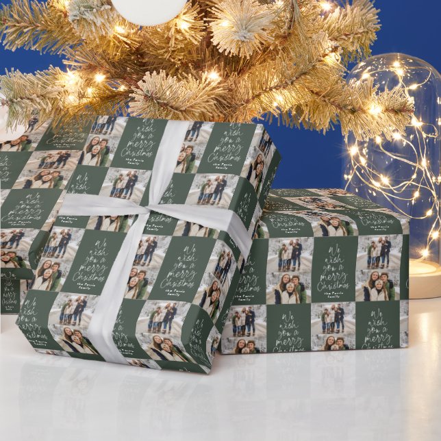 Merry Christmas two photo personalized green Wrapping Paper (Holidays)