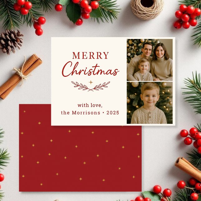 Merry Christmas Two Photo Red Holiday Flat Card (Creator Uploaded)