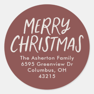 Merry Christmas type maroon simple return address Classic Round Sticker