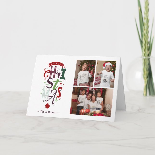Merry Christmas Typography 3 Photo Collage holiday Card (Front)