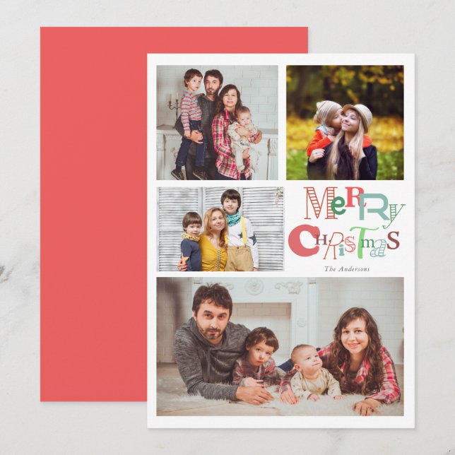 Merry Christmas Typography 4 Photo Collage Pink Invitation (Front/Back)