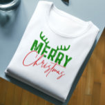 Merry Christmas Typography Antlers Red And Green T-Shirt<br><div class="desc">Cute and festive retro typography design with a cute gnome with a text-Merry Christmas with antlers om Merry. Red and green.</div>