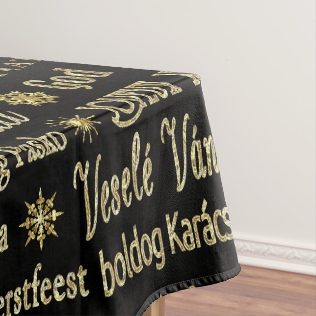 Merry Christmas Typography Black & Gold Glitter Tablecloth (In Situ)