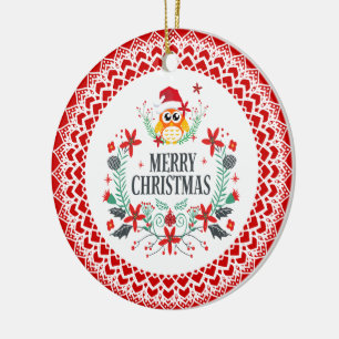 Merry Christmas Typography & Christmas Owl Wreath Ceramic Ornament