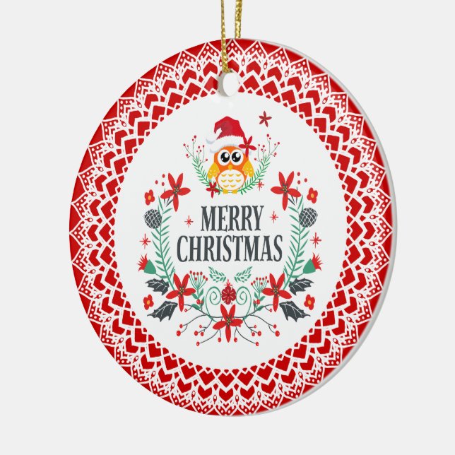 Merry Christmas Typography & Christmas Owl Wreath Ceramic Ornament (Left)